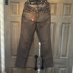 Women’s Straight  Fit Grey Jeans with Stud Accents and wide stitching